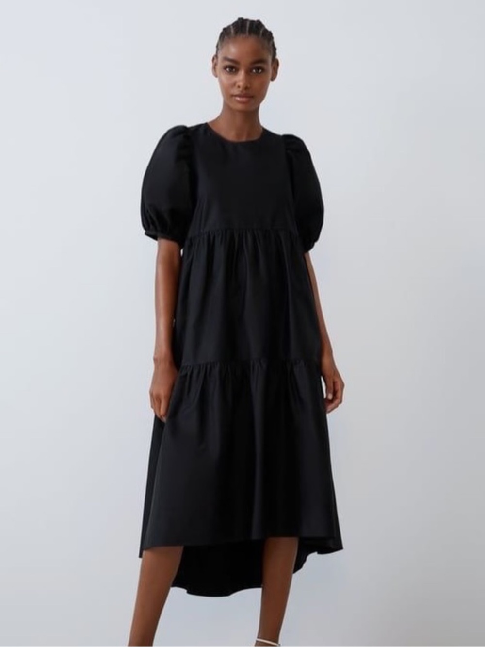 Zara - 100% Cotton Black Puff-Sleeve Midi Dress